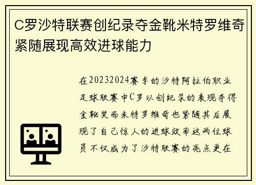 C罗沙特联赛创纪录夺金靴米特罗维奇紧随展现高效进球能力