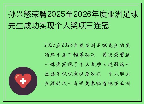 孙兴慜荣膺2025至2026年度亚洲足球先生成功实现个人奖项三连冠